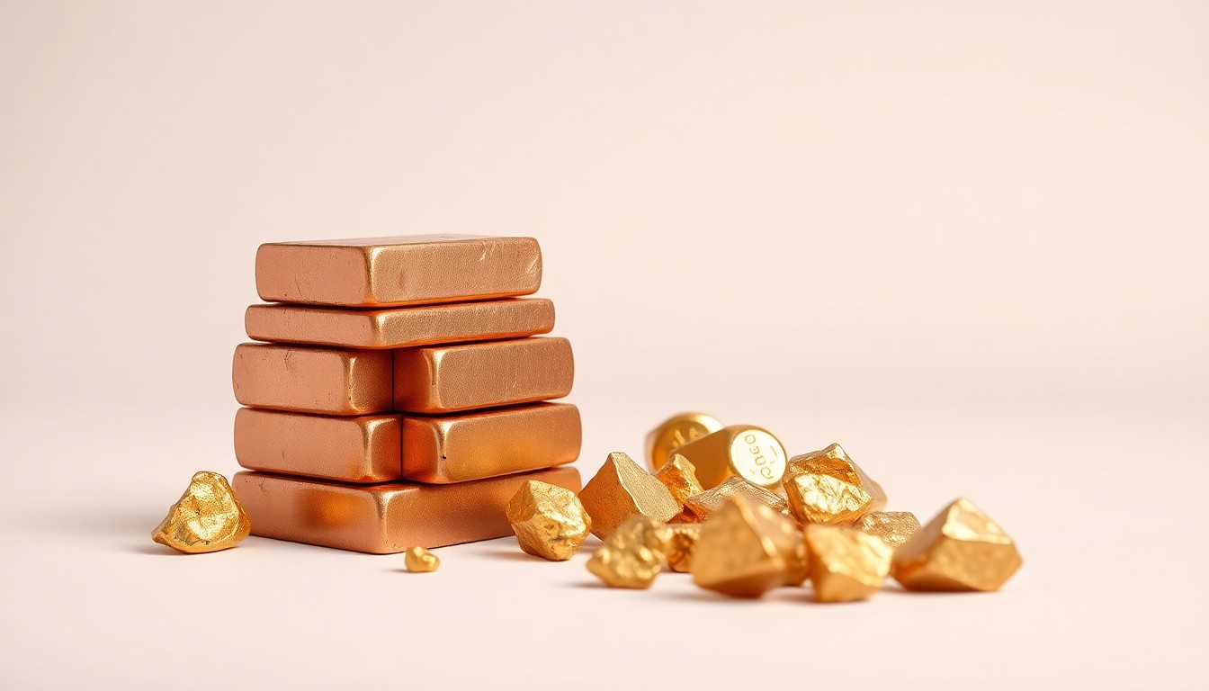 A minimalist studio still life featuring polished copper ingots and gold nuggets arranged elegantly on a clean, monochromatic background, conceptually representing the critical mineral exploration work of GreenLight Metals.