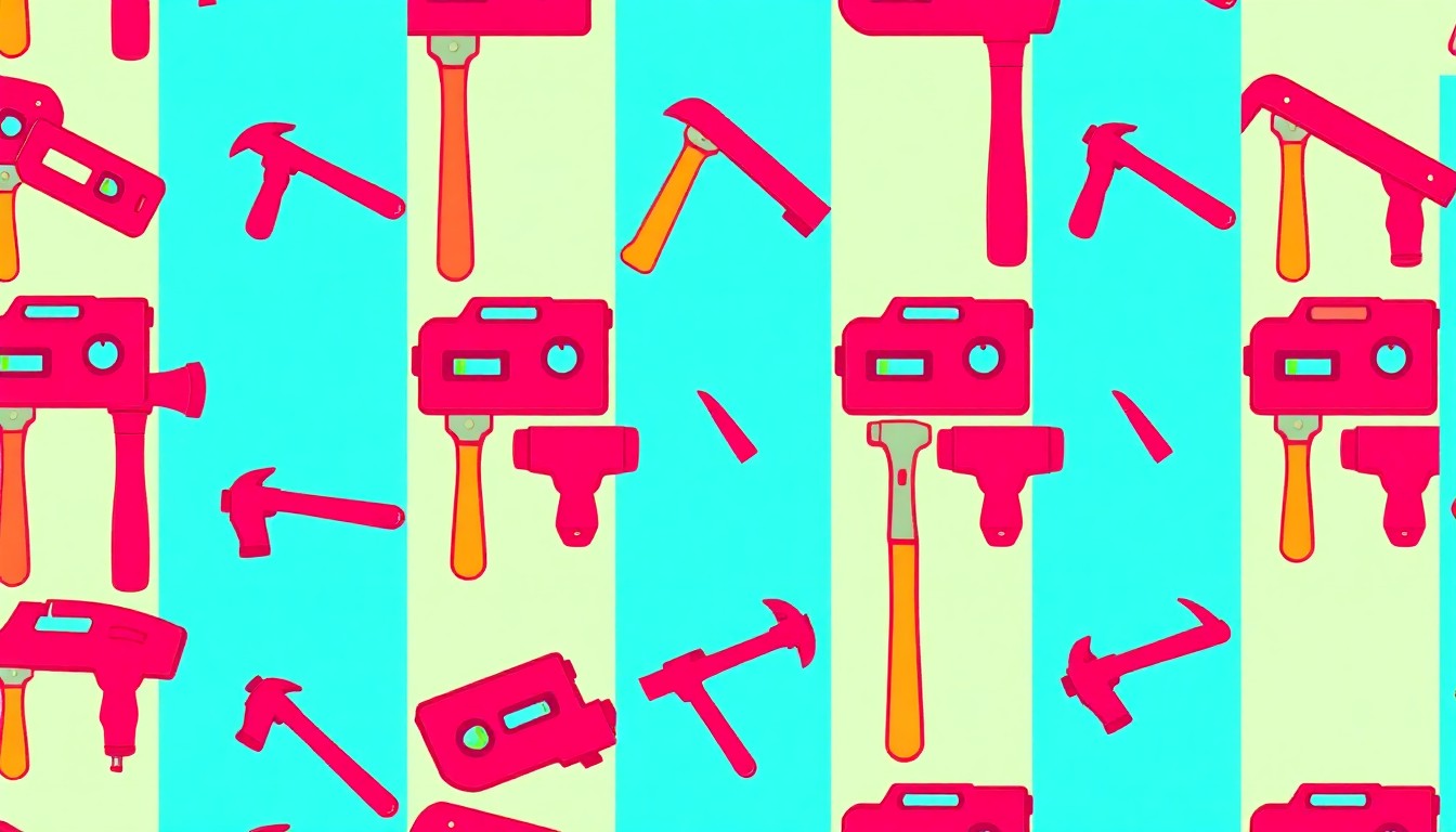 A bold, abstract grid of a single construction tool, such as a hammer or level, rendered in a high-contrast silkscreen style with bright, unnatural colors and heavy black outlines, conceptually representing the detailed permitting and inspection requirements for home building in the Hilton Head area.