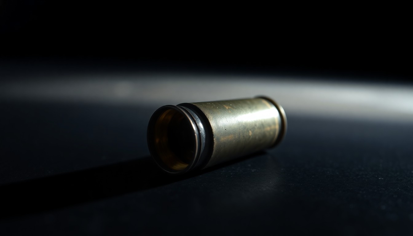 An extreme close-up photograph of a spent shell casing on a dark surface, lit by a harsh, direct camera flash, conceptually representing the gritty reality of gun violence in Chicago.