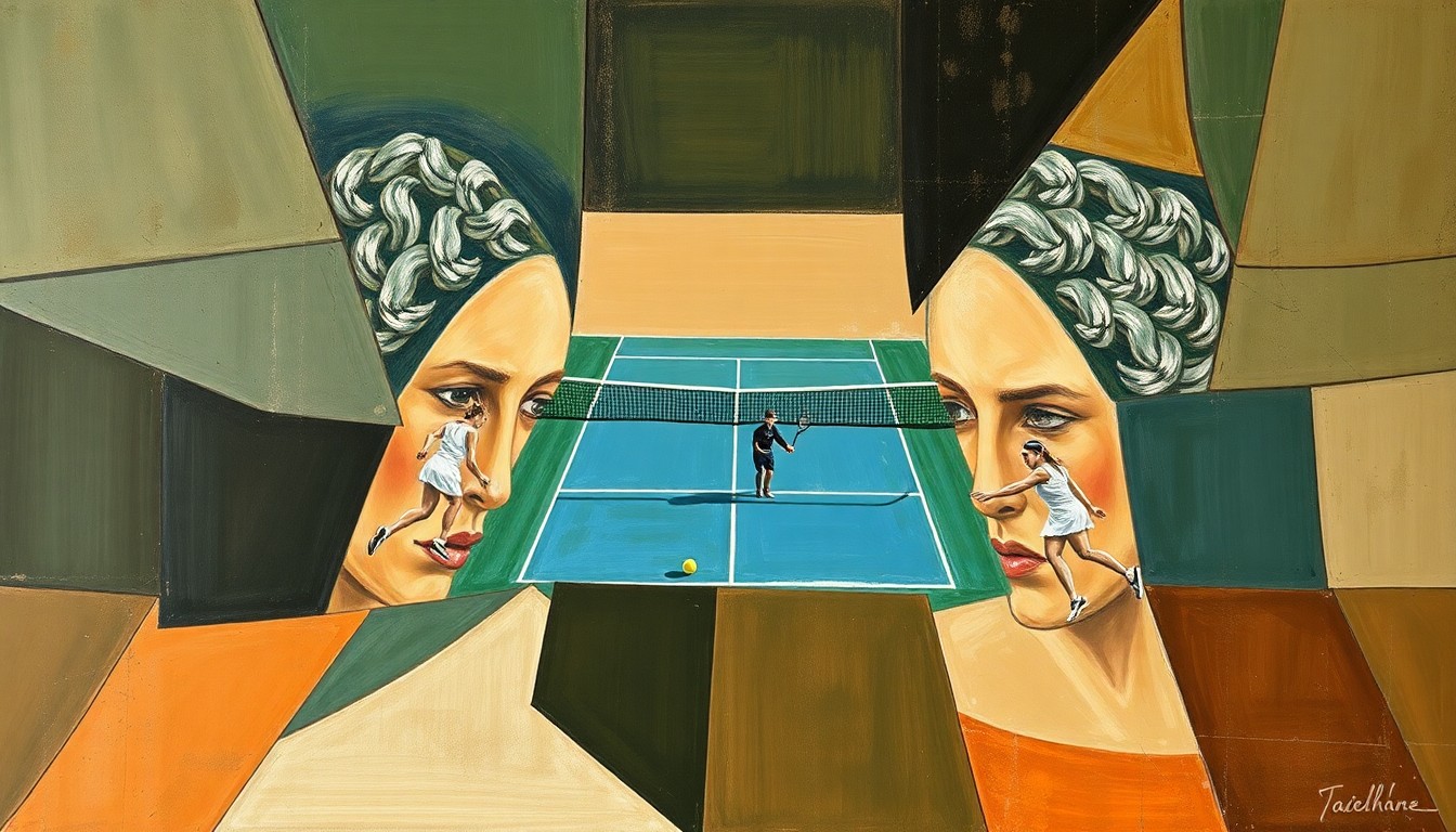 A fragmented, geometric painting depicting the dynamic action of a women's tennis match, with overlapping planes of muted green, brown, and blue hues.