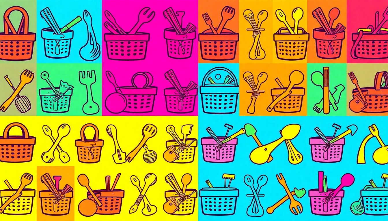 A brightly colored, high-contrast silkscreen print of various community event icons such as a picnic basket, gardening tools, and musical instruments, repeated in a tight grid pattern to conceptually represent the diverse array of activities and events taking place in the town of Ramona.