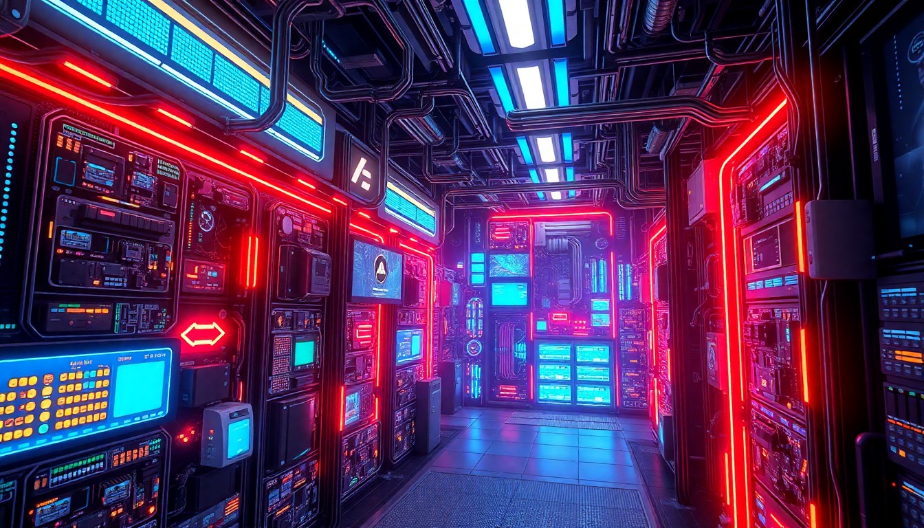 A highly detailed 3D illustration of a glowing, futuristic telecommunications hub with pulsing neon lights, intricate circuit boards, and abstract data visualizations, conceptually representing the advanced carrier-level infrastructure powering REALLY's AI calling assistant.