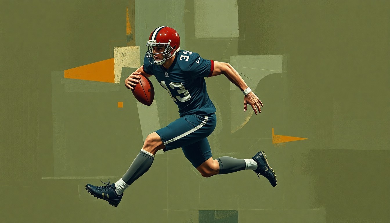 A cubist-style painting depicting a football player in motion, broken down into overlapping geometric shapes in muted tones of green, blue, and brown, conveying the complex recovery process for an injured player.