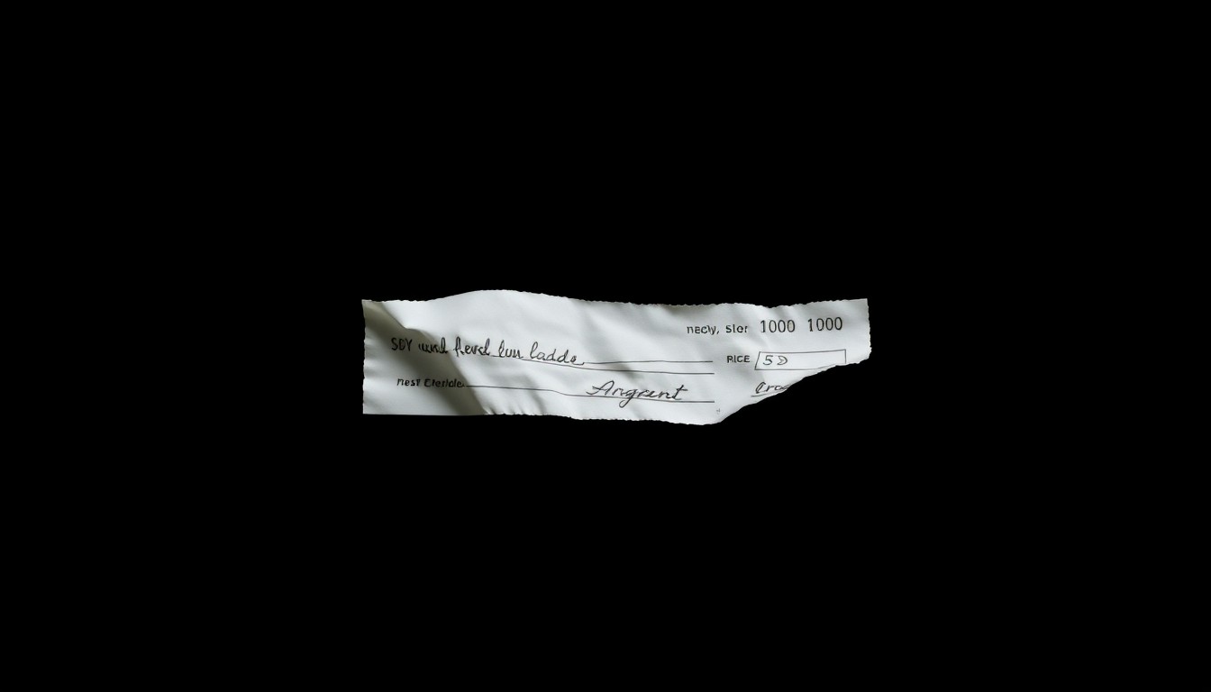 An extreme close-up photograph of a crumpled, torn check against a pitch-black background, lit by a harsh, direct camera flash, conceptually representing the financial fraud and exploitation of the elderly.