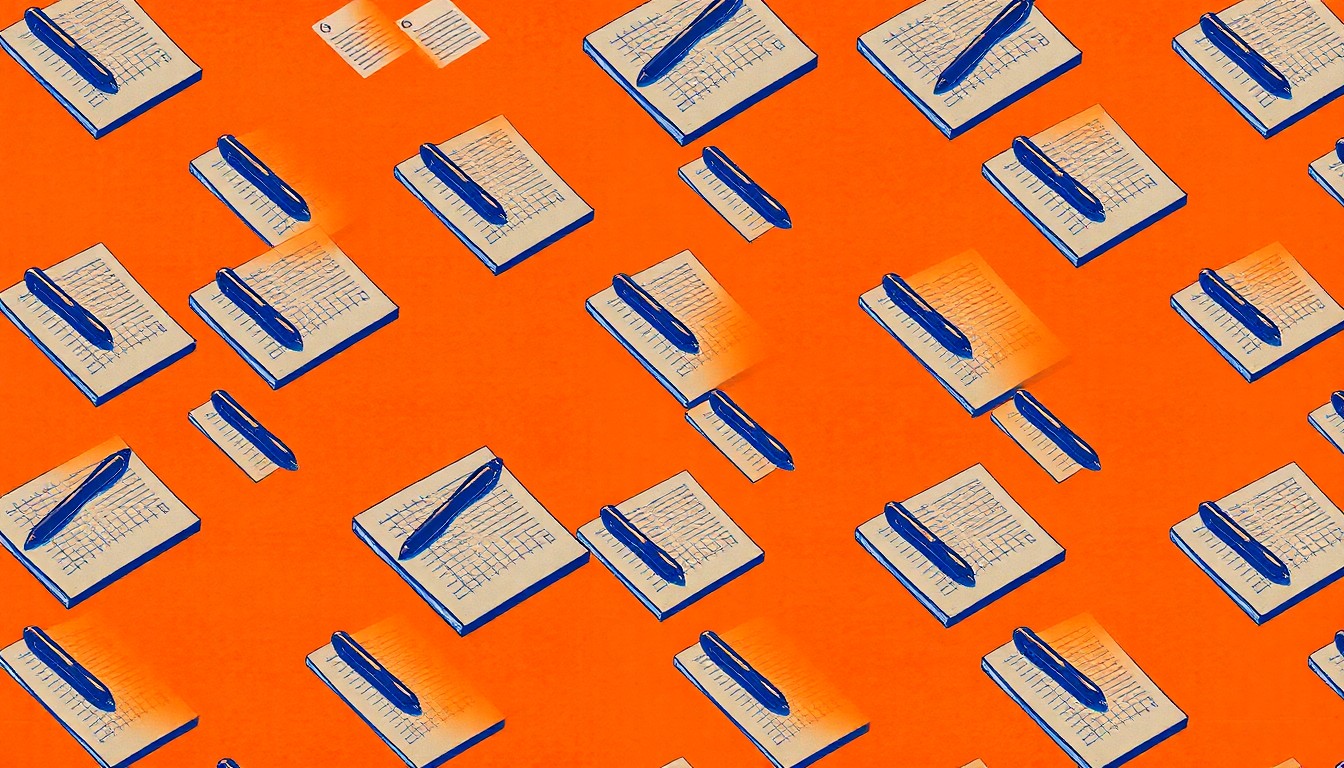 A vibrant, pop art-inspired illustration featuring a journalist's notebook and pen repeated in a bold, colorful grid, conveying the energy and impact of local reporting.