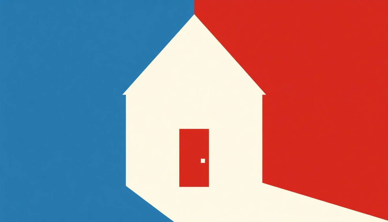An abstract composition of overlapping triangles and rectangles in shades of blue, red, and yellow, conceptually representing the varying property tax rates and their impact on homeowners in different regions.