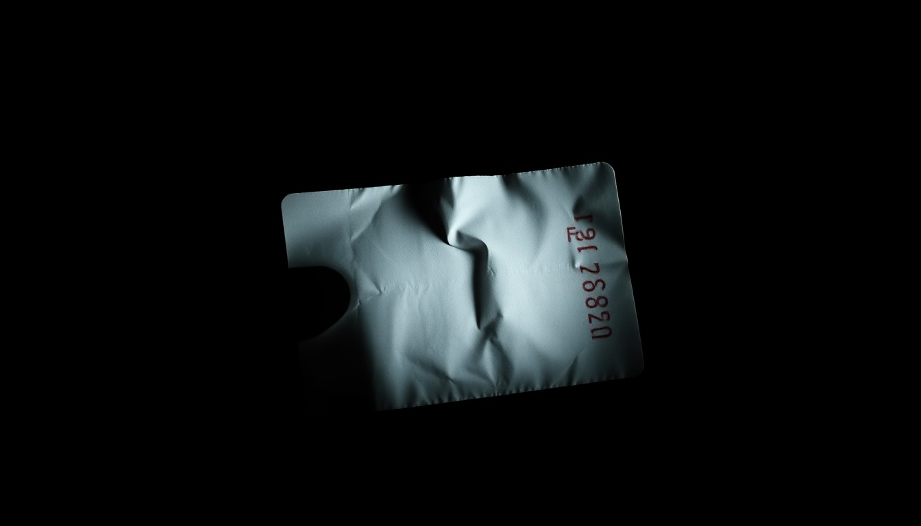 An extreme close-up photograph of a crumpled, discarded ID card or personal document, lit by a harsh, direct camera flash against a pitch-black background, conceptually representing the hidden evidence of a human trafficking crime.