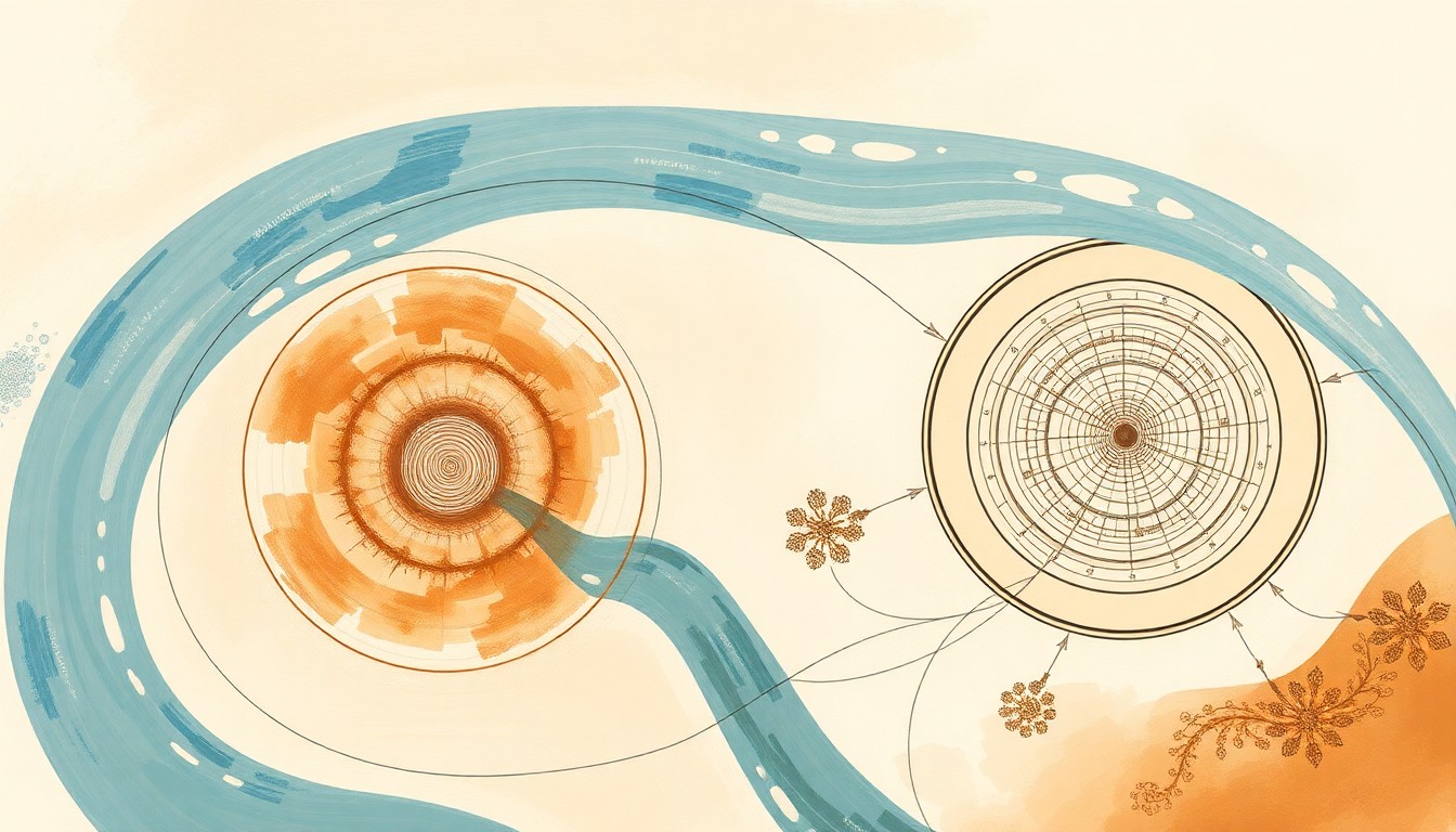 A highly textured abstract painting in earthy tones, featuring sweeping geometric shapes and concentric circles that represent the interconnected systems of a regional water infrastructure network.