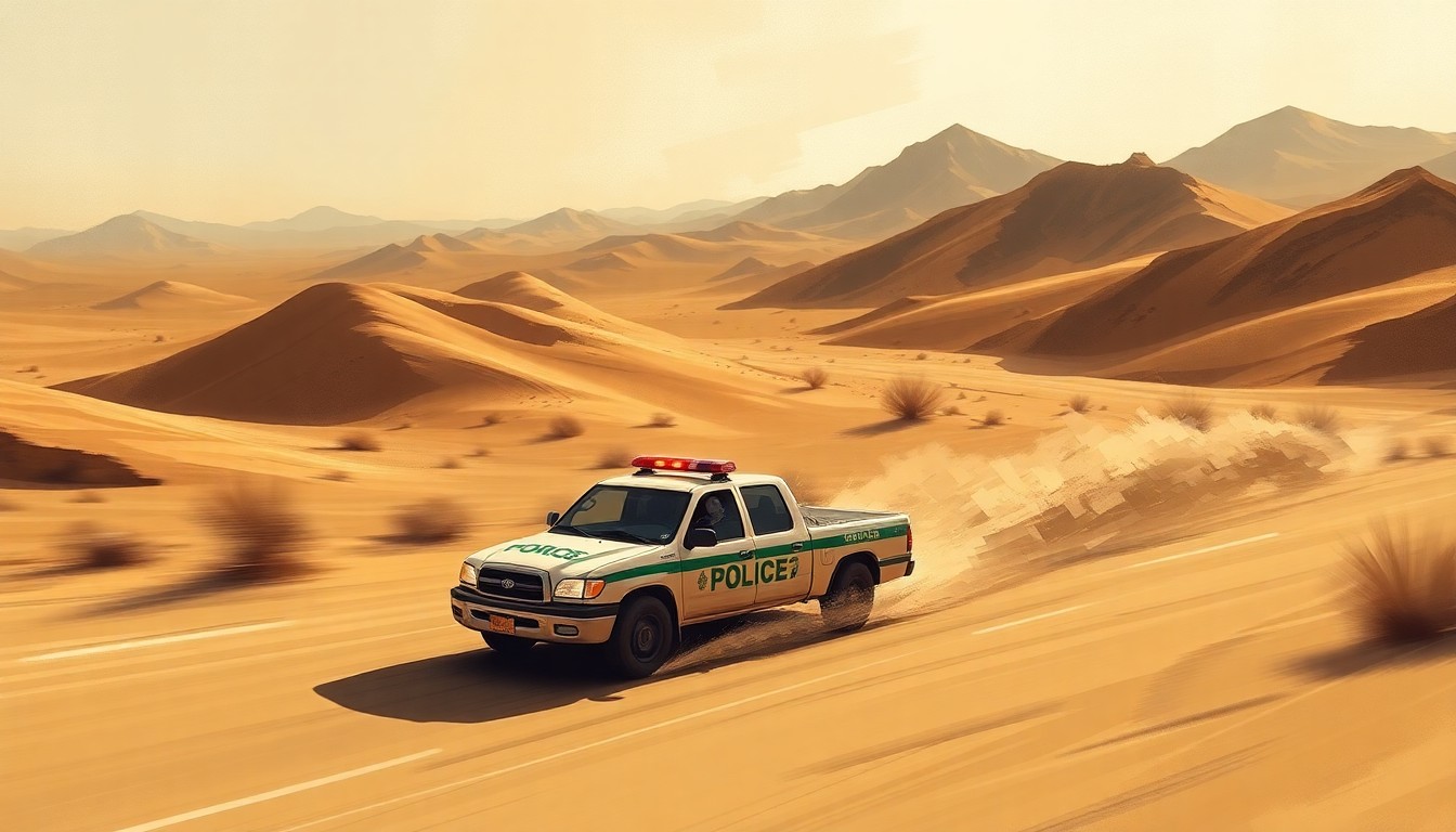 A dynamic, abstract painting with overlapping geometric shapes and waves of muted earth tones, conceptually representing the fast-paced, high-stakes nature of border security.