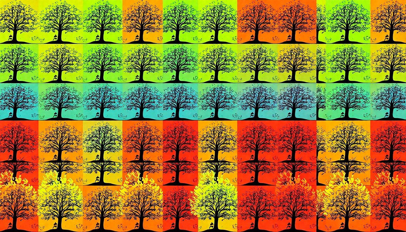 A bold, colorful silkscreen-style illustration featuring a repeating pattern of a single, stylized tree in bright neon shades, conceptually representing Tampa's urban canopy and environmental sustainability efforts.