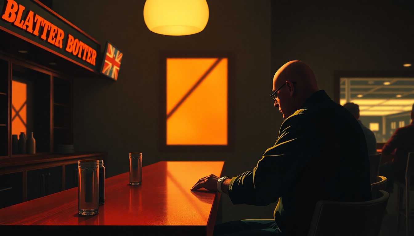 A serene, nostalgic painting of a solitary person sitting at a dimly lit bar, their face obscured in shadow as they gaze out a window at the city skyline beyond, conceptually representing the cautious approach to expanding digital sports betting in Wisconsin.