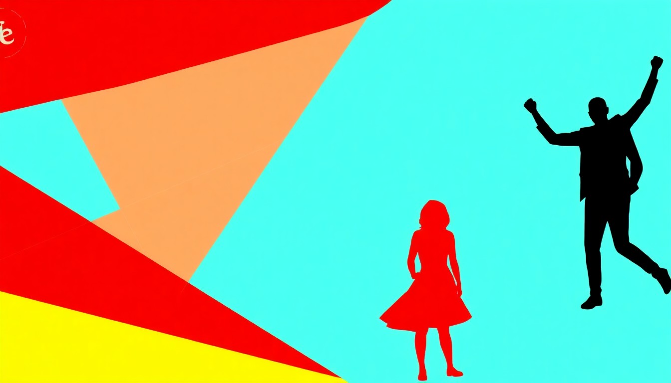 A bold, abstract illustration using stark geometric shapes and high-contrast primary colors to represent the diverse artistic disciplines and community connection embodied by The Ebell's April programming.