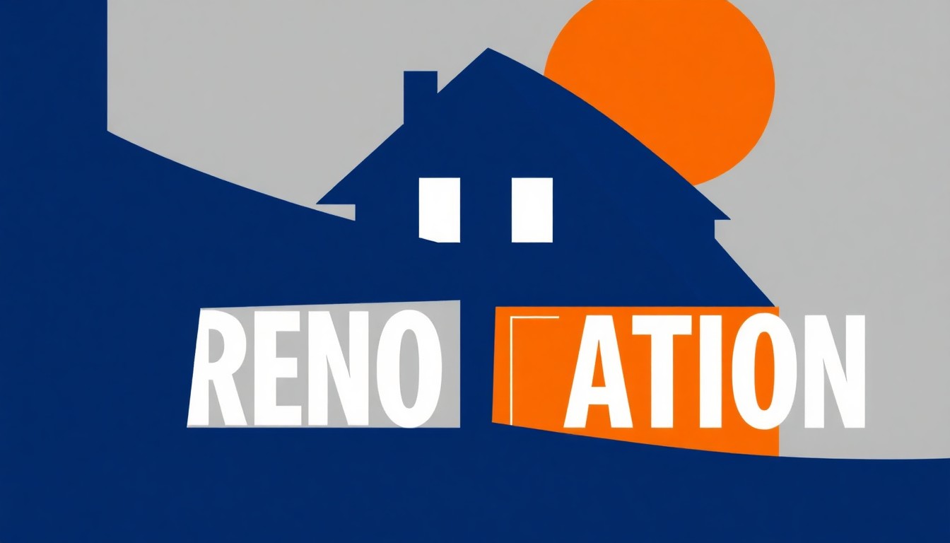 An abstract, minimalist illustration featuring sharp, angular shapes in shades of blue, orange, and grey, conveying the concept of home renovation and community revitalization without any literal depictions.