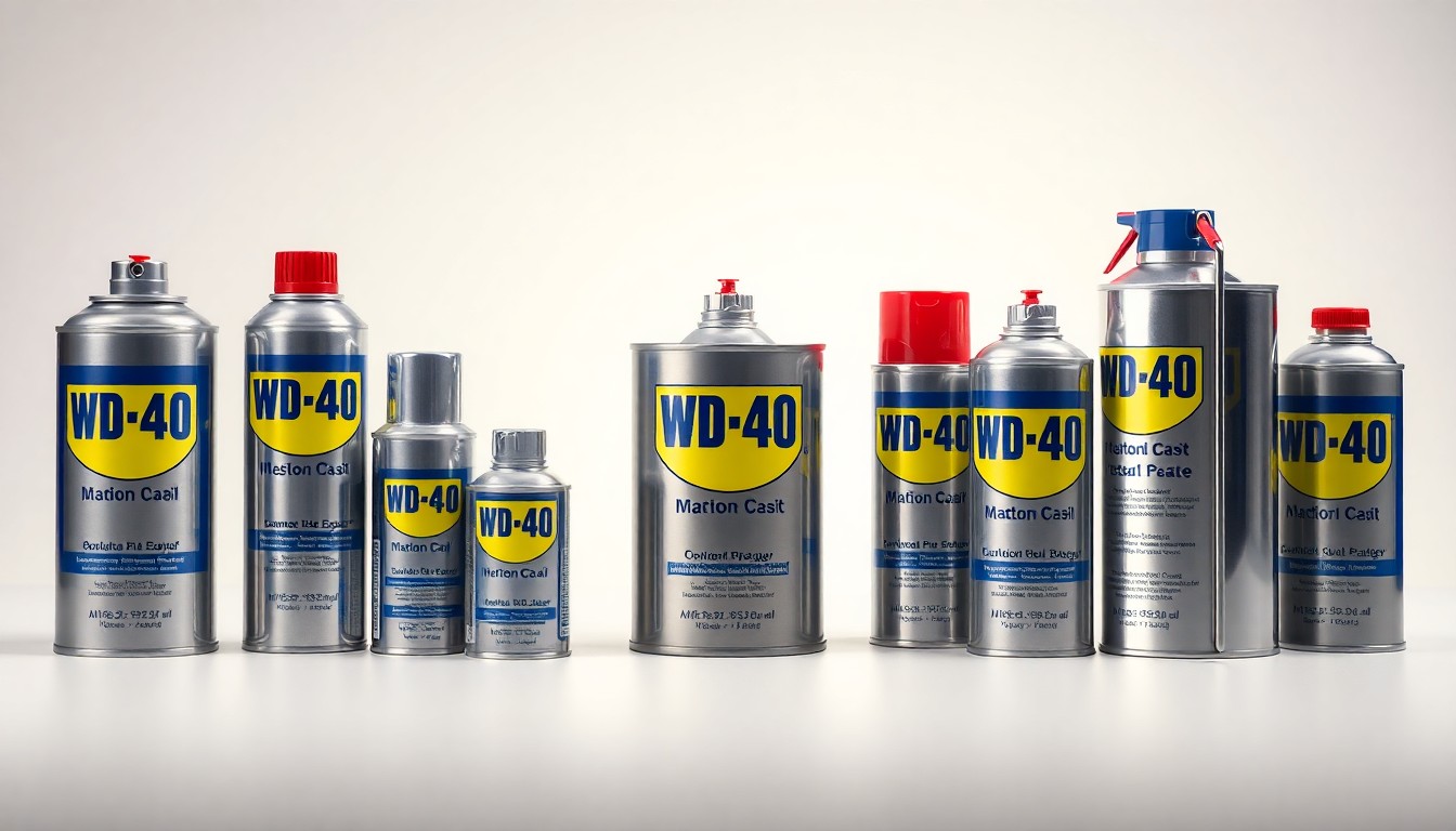 A high-end, photorealistic studio still-life photograph featuring a collection of premium, polished metal WD-40 product canisters and bottles arranged elegantly on a clean, monochromatic seamless background, conceptually representing the company's strong financial performance.