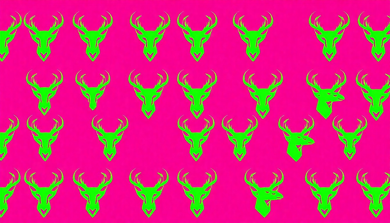A bold, colorful silkscreen-style illustration featuring a repeated deer head icon in a grid pattern, using bright neon shades of green, pink, and blue to conceptually represent the vibrant community discussion around deer hunting rules.