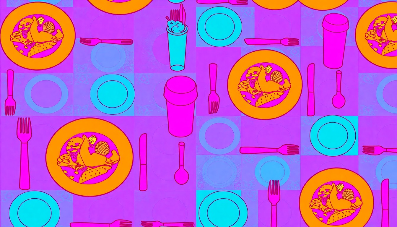 A brightly colored, high-contrast silkscreen print of a single, iconic restaurant item such as a plate of food, utensil, or drink repeated in a tight grid pattern, conceptually representing the top-scoring eateries in the latest health inspections.