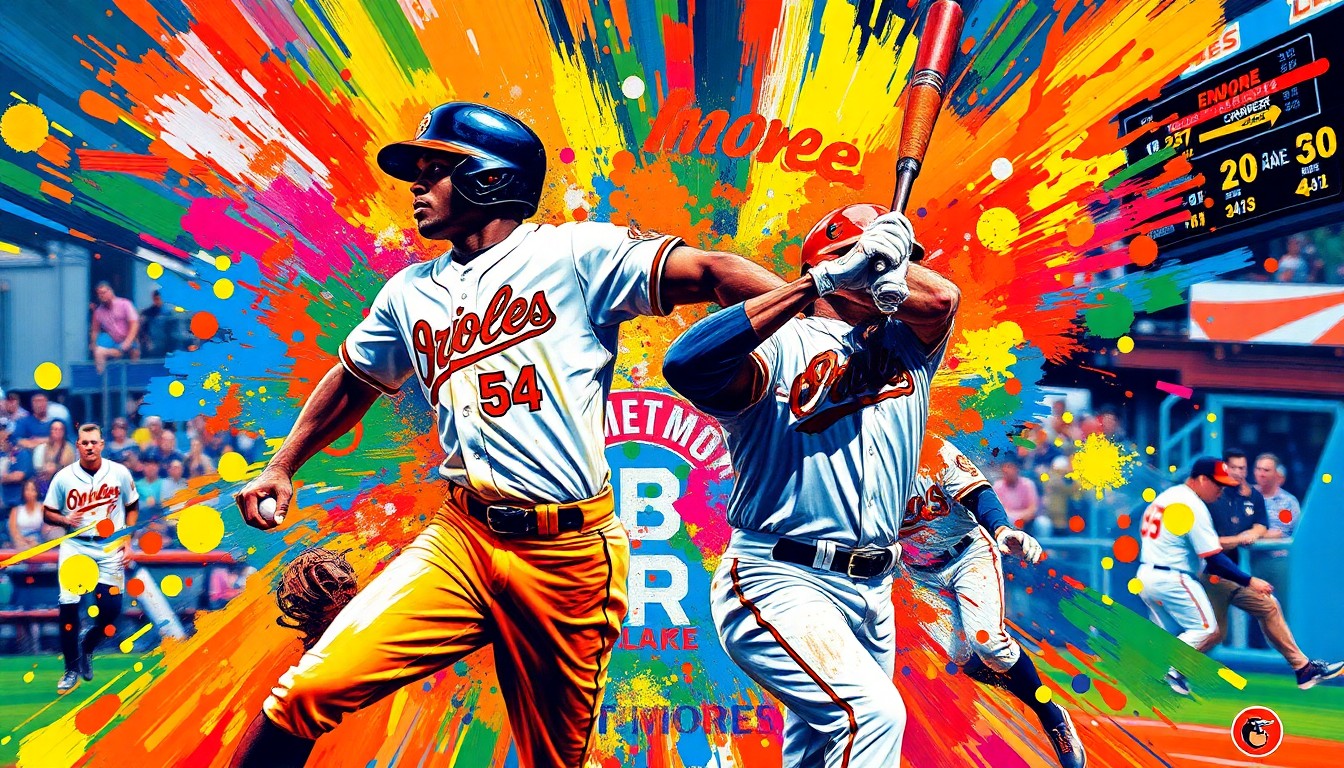 An abstract, expressionist painting in vibrant neon colors depicting the dynamic motion of baseball players, with elements of the Orioles' new City Connect uniform design like the Oriole Bird logo and 'BMORE' wordmark blending into the energetic brushstrokes.