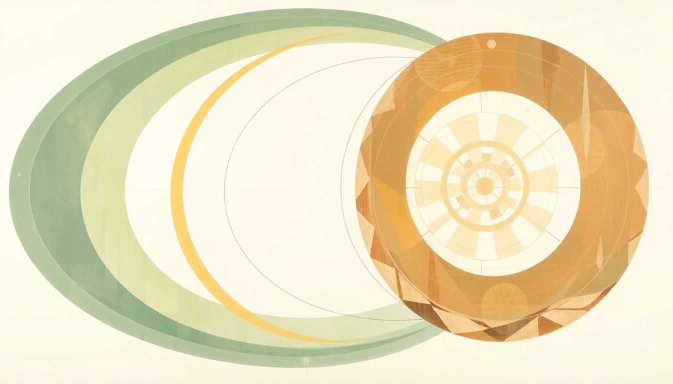 A highly structured abstract painting in soft, earthy tones of green, brown, and blue, featuring sweeping geometric arcs, concentric circles, and precise botanical spirals, conceptually representing the growth and momentum of Pasadena's life sciences sector.