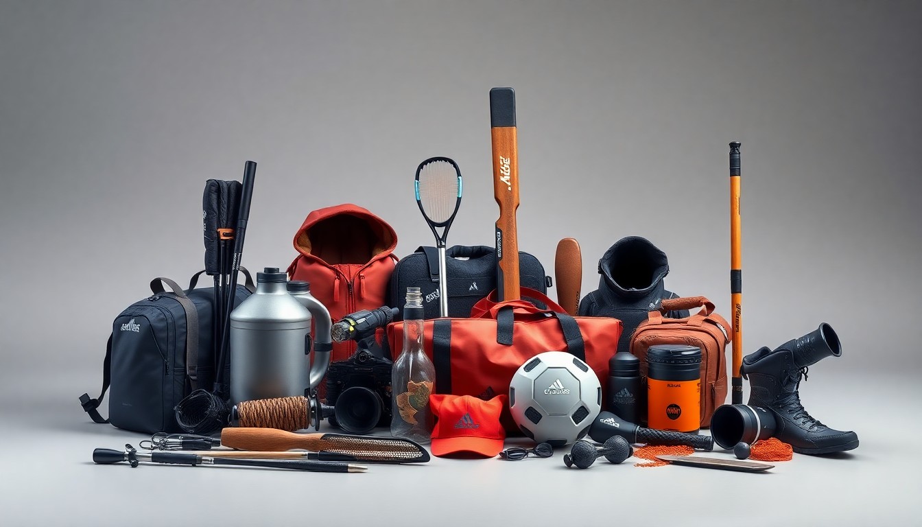 A high-end, photorealistic studio still-life photograph featuring a collection of premium sporting goods equipment and accessories arranged elegantly on a clean, monochromatic seamless background, conceptually representing the strategic and financial strength of the retailer.