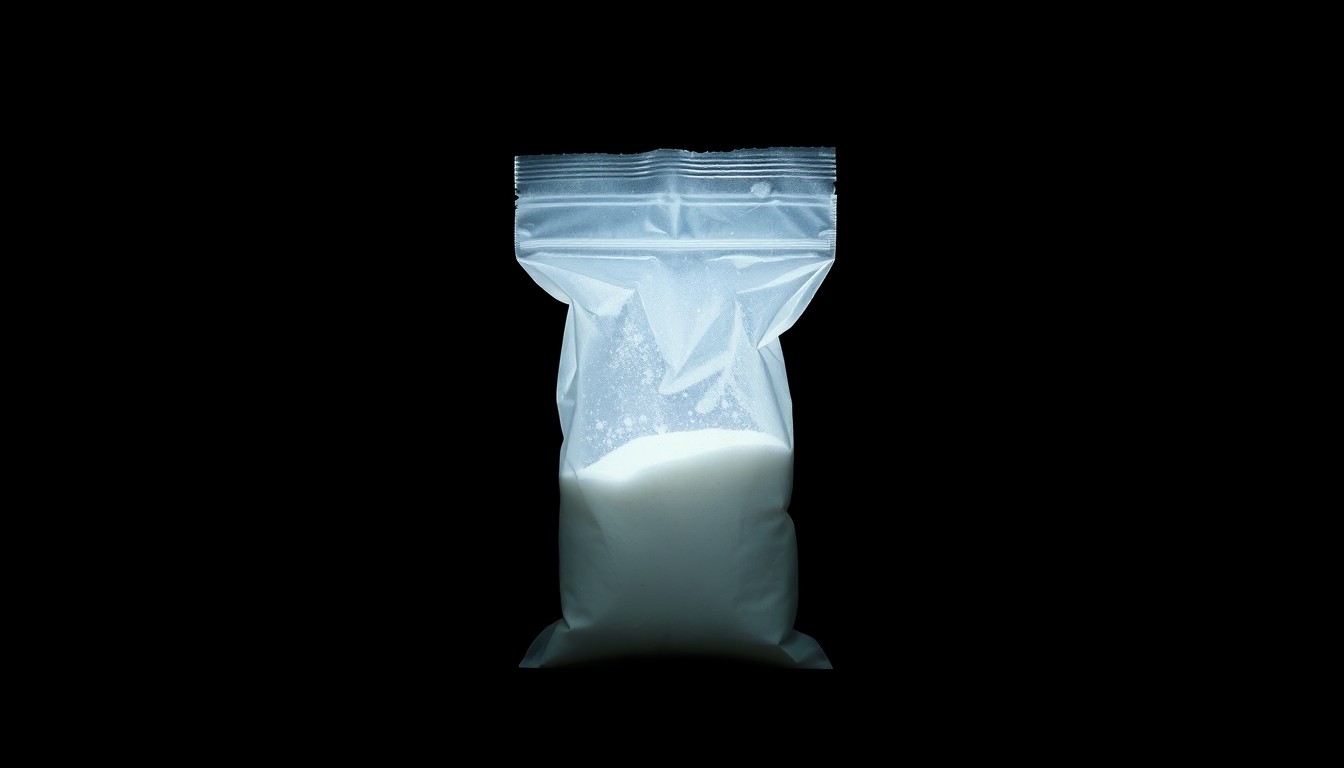 An extreme close-up of a small plastic bag containing a white powdery substance, dramatically lit by a harsh flash against a dark background, conceptually representing the drugs seized during the arrest.