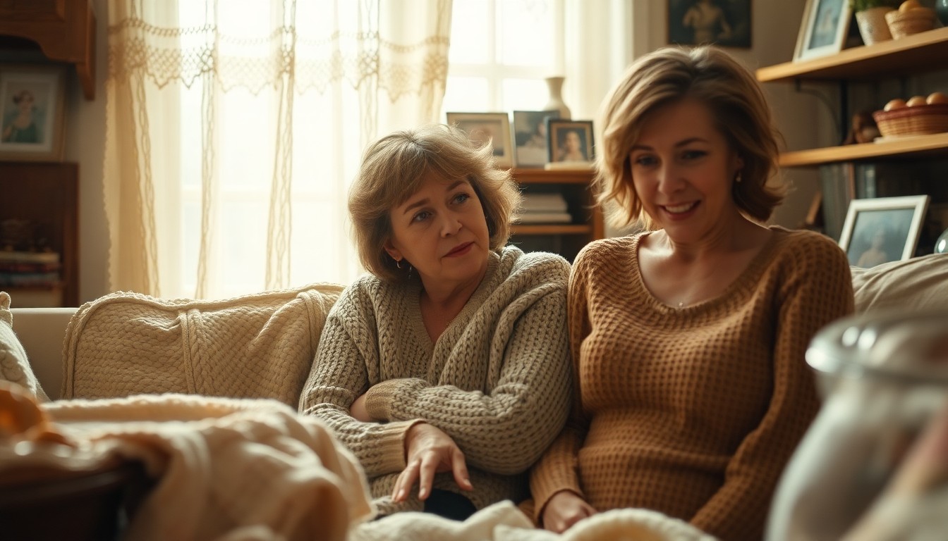 An extremely abstracted, out-of-focus photograph in soft pools of warm light and color, depicting a cozy domestic scene with hints of crocheted blankets, baked goods, and family photographs, conceptually representing the comforting and nurturing spirit of Darlene Carol Rising.