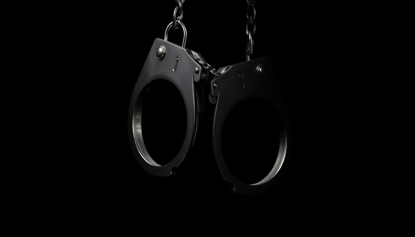 An extreme close-up photograph of a pair of handcuffs against a pitch-black background, conceptually representing the complex issues surrounding the treatment and reintegration of convicted murderers.