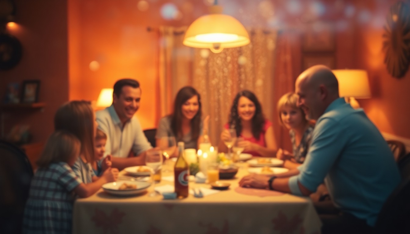 An abstract, impressionistic scene of a family gathered around a table, their faces and details obscured in a warm, soft-focus blur of color and light, conveying a sense of intimacy and celebration.