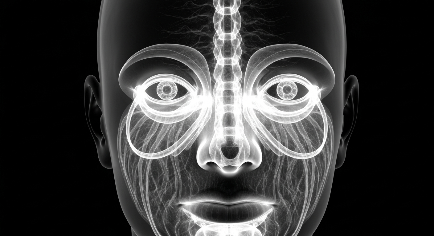 A translucent, ghostly X-ray-style image showing the internal collagen structure of a human face, conceptually illustrating the role of collagen in skin health.