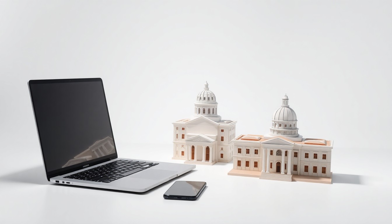 A high-end, photorealistic studio still life featuring a laptop computer, smartphone, and 3D-printed model of the Oklahoma state capitol building, arranged elegantly on a clean white background to conceptually represent the technology and state pride behind Norman Web Design's custom website services.