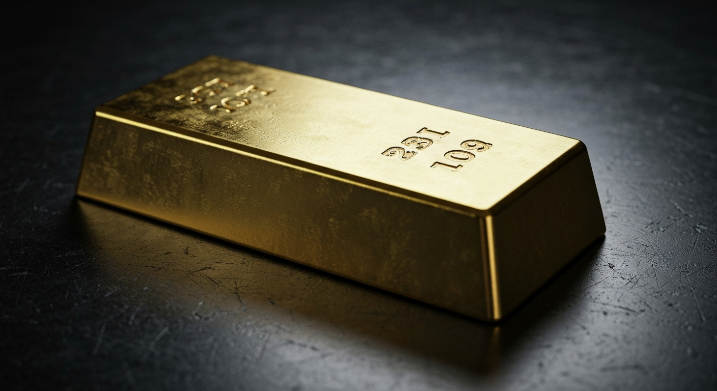 An extreme close-up of a solid gold bullion bar resting on a heavily textured, dark metal surface, conceptually representing financial security and stored wealth during times of global uncertainty.