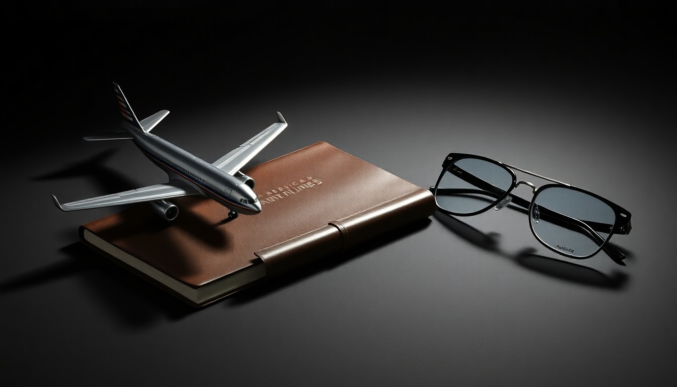 A photorealistic studio still life featuring a polished metal airplane model, a leather-bound flight logbook, and a pair of aviator sunglasses, conceptually representing the resumption of American Airlines' service to Venezuela.