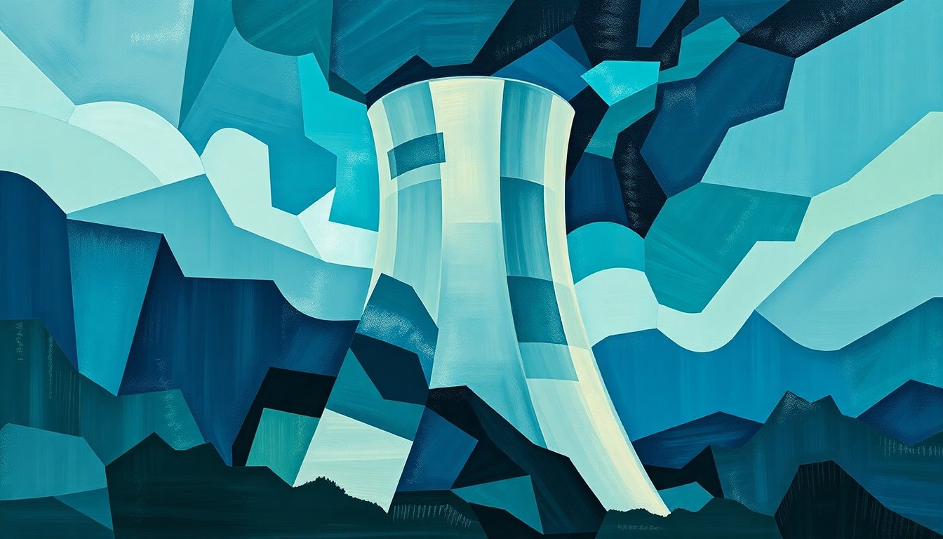 A dynamic, abstract painting of a nuclear reactor tower in overlapping, geometric waves of deep blues, greens, and grays, conceptually representing the complex, high-tech nature of modern nuclear power.