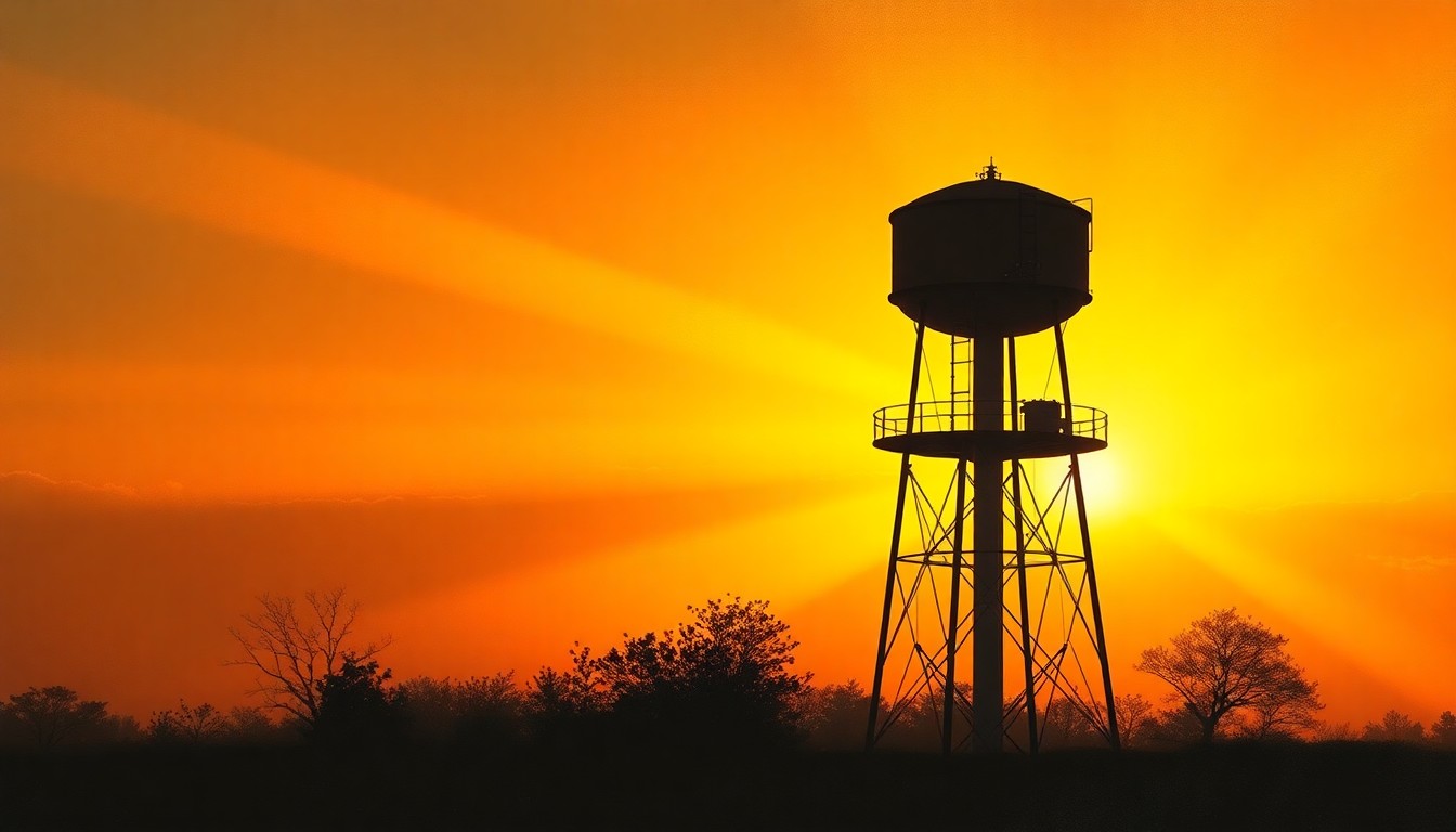 A serene, photorealistic painting of a lone water tower silhouetted against a warm, glowing sunset sky, with deep shadows and diagonal rays of light creating a contemplative, cinematic mood.