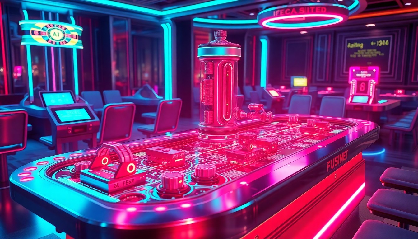 A highly detailed, glowing 3D illustration of a futuristic casino gaming table, with neon cyan and magenta lights illuminating the intricate mechanical and digital components, conceptually representing the integration of advanced technology into the gambling industry.