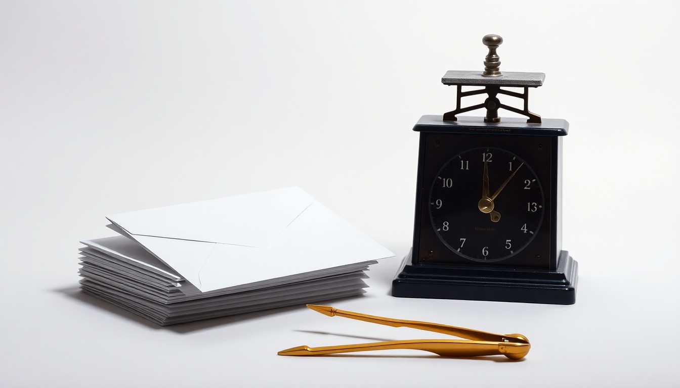 A high-end, photorealistic studio still-life photograph featuring a stack of envelopes, a vintage postal scale, and a brass letter opener arranged elegantly on a clean, monochromatic seamless background, conceptually representing the financial challenges facing the United States Postal Service.