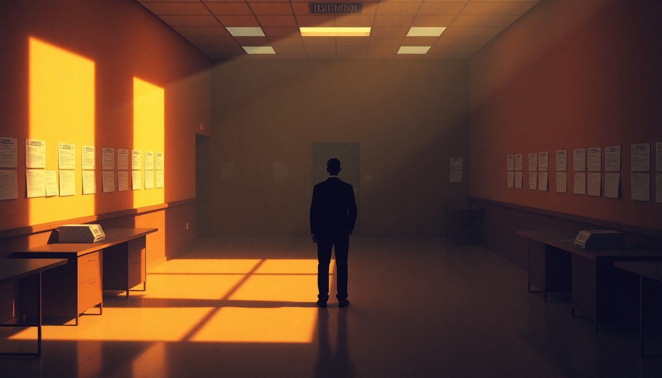 A moody, cinematic painting of a lone figure standing in a dimly lit government office, with warm diagonal sunlight and deep shadows, conceptually representing the bureaucratic process of Selective Service registration.
