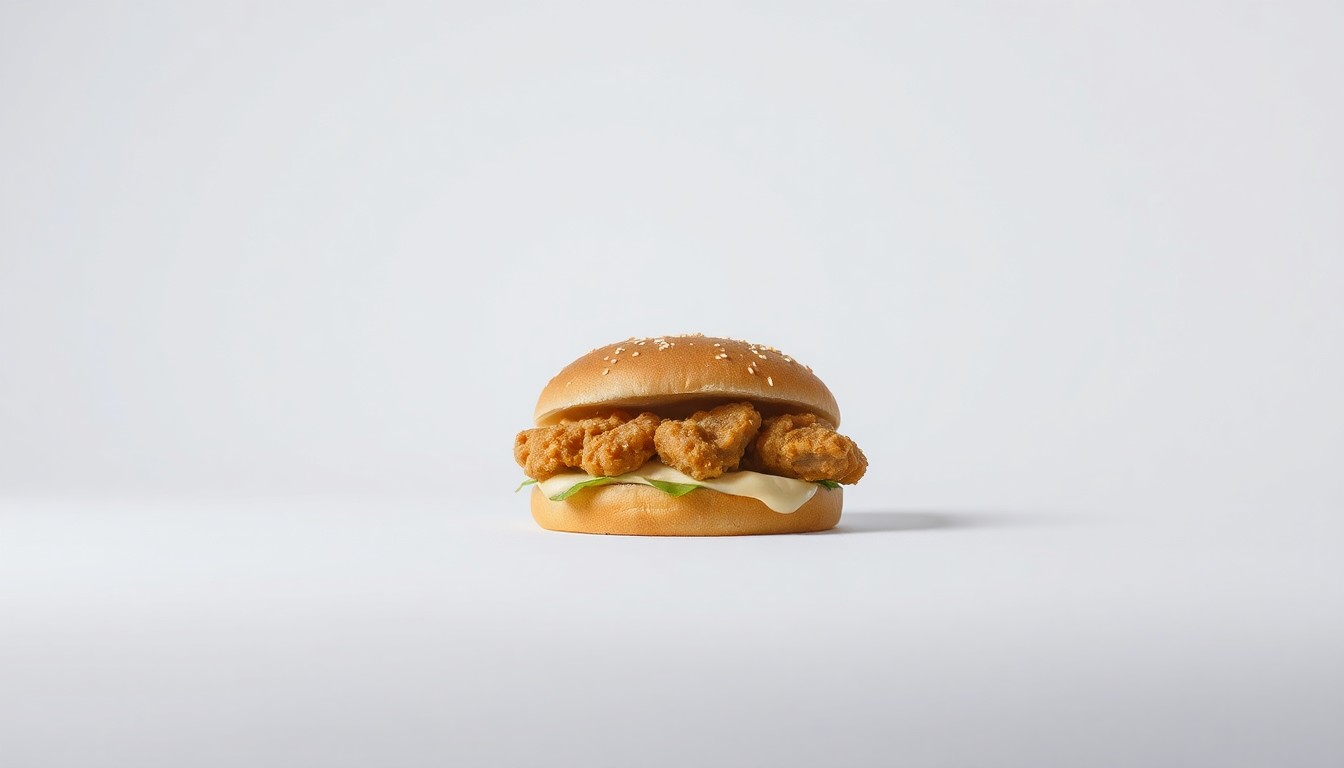A photorealistic studio still-life image of a Chick-fil-A chicken sandwich on a clean, white background, conveying a sense of uncertainty and unease about the company's ability to fulfill its expansion plans.