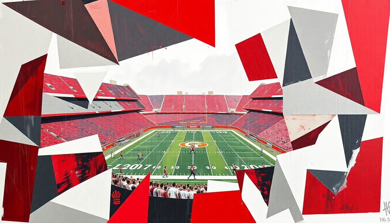 A cubist, geometric painting depicting a fragmented, multi-angled view of a college football spring game, with sharp planes of crimson, white, and gray hues.