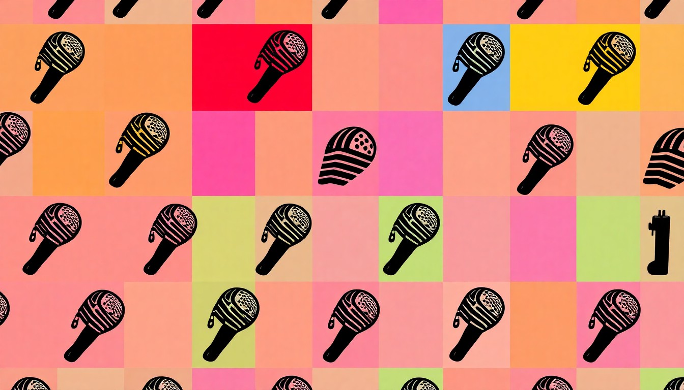 A bold, colorful silkscreen-style illustration of a microphone icon repeated in a grid pattern, capturing the energy and creativity of a community karaoke event.