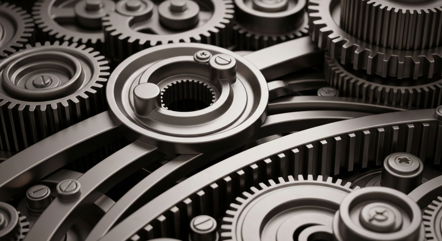 An extreme close-up of a series of interlocking, metallic gears and mechanisms, representing the secure and powerful infrastructure of the financial industry.