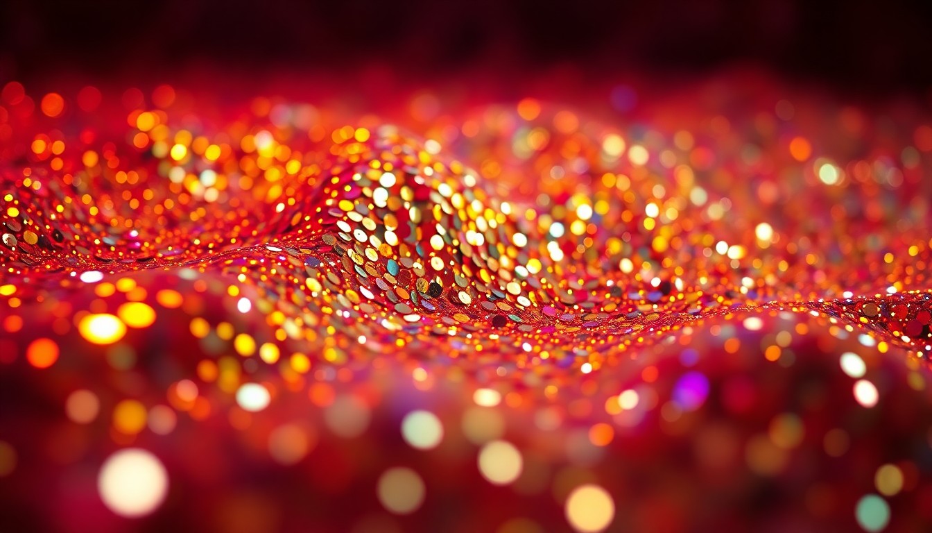 An extreme close-up image of shimmering, glittering textures in high-contrast studio lighting, conveying the glamour and energy of the indie music scene through an abstract, conceptual visual metaphor.