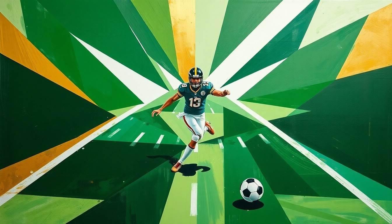 A fragmented, geometric painting depicting a football kickoff return, with sharp planes of green, gold, and white representing the speed and energy of the play.