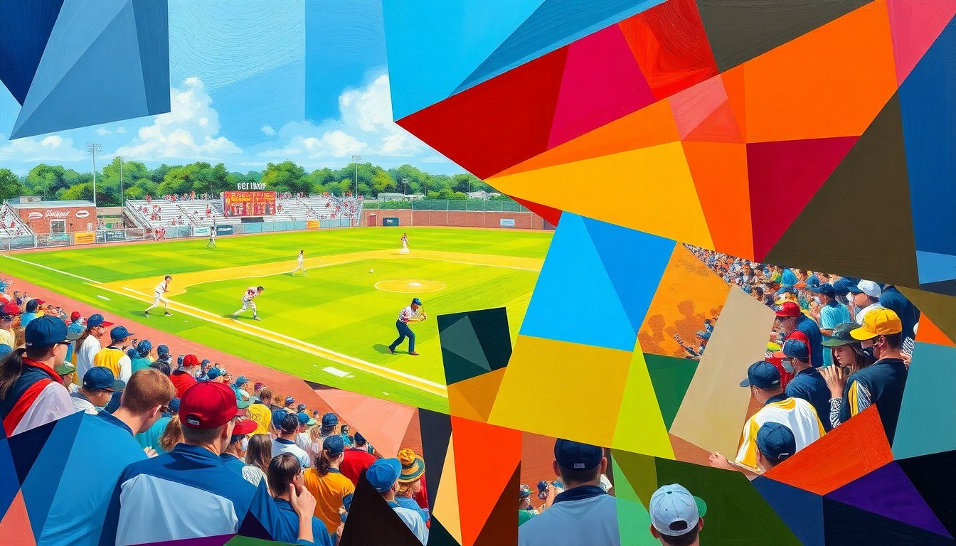 A cubist-style painting depicting a high school softball or baseball game, with the players and field broken down into sharp, overlapping geometric shapes in vibrant colors, capturing the energy and competitive spirit of the sport.