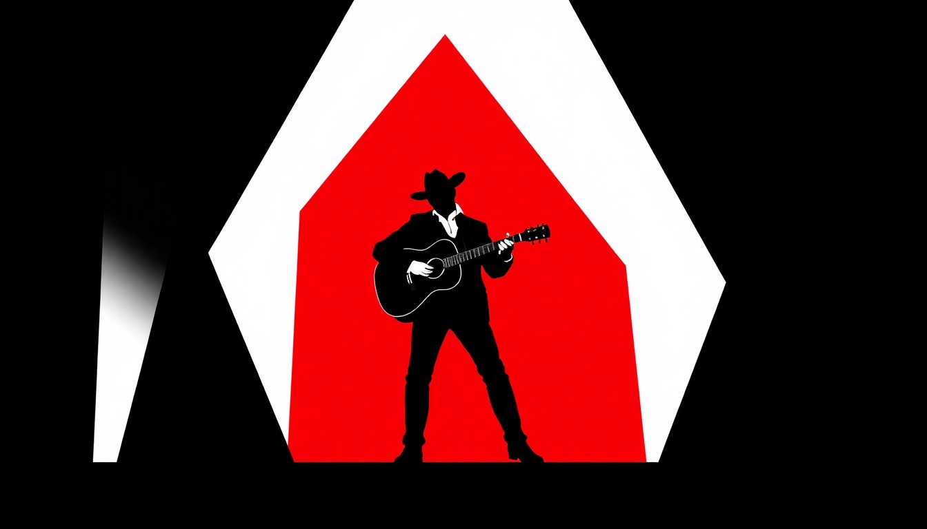 An abstract, minimalist illustration featuring a stark black silhouette of a cowboy musician playing guitar on a stage, set against a bold red background with jagged geometric shapes, conveying the lively energy and Western flair of the Cowboy Family Night event.
