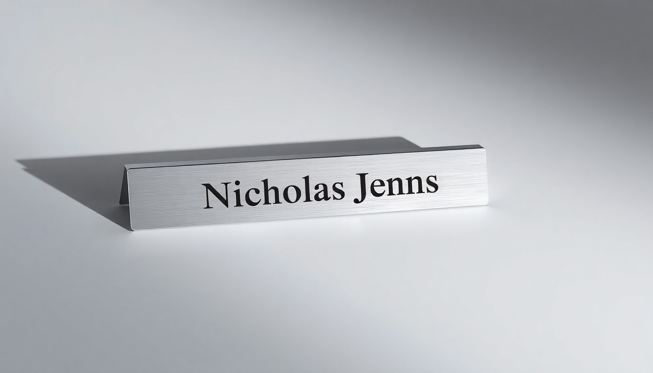 A close-up photograph of a polished metal desk nameplate with the name 'Nicholas Jenkins' engraved on it, floating on a clean white background and dramatically lit from the side to cast a long shadow, representing the abstract corporate challenges and career transitions faced by the subject.