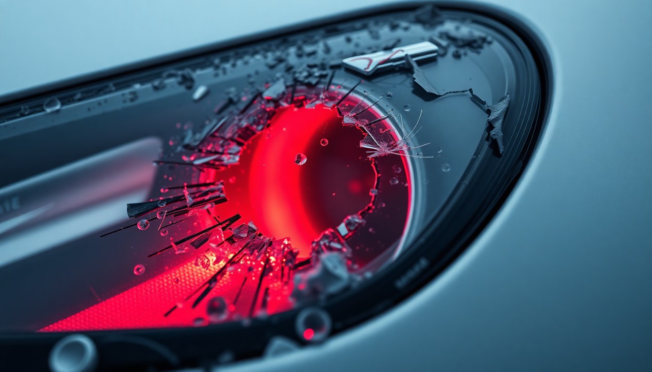 An extreme close-up of a shattered car sensor lens reflecting a faint red light, conceptually illustrating the vandalism of self-driving cars.