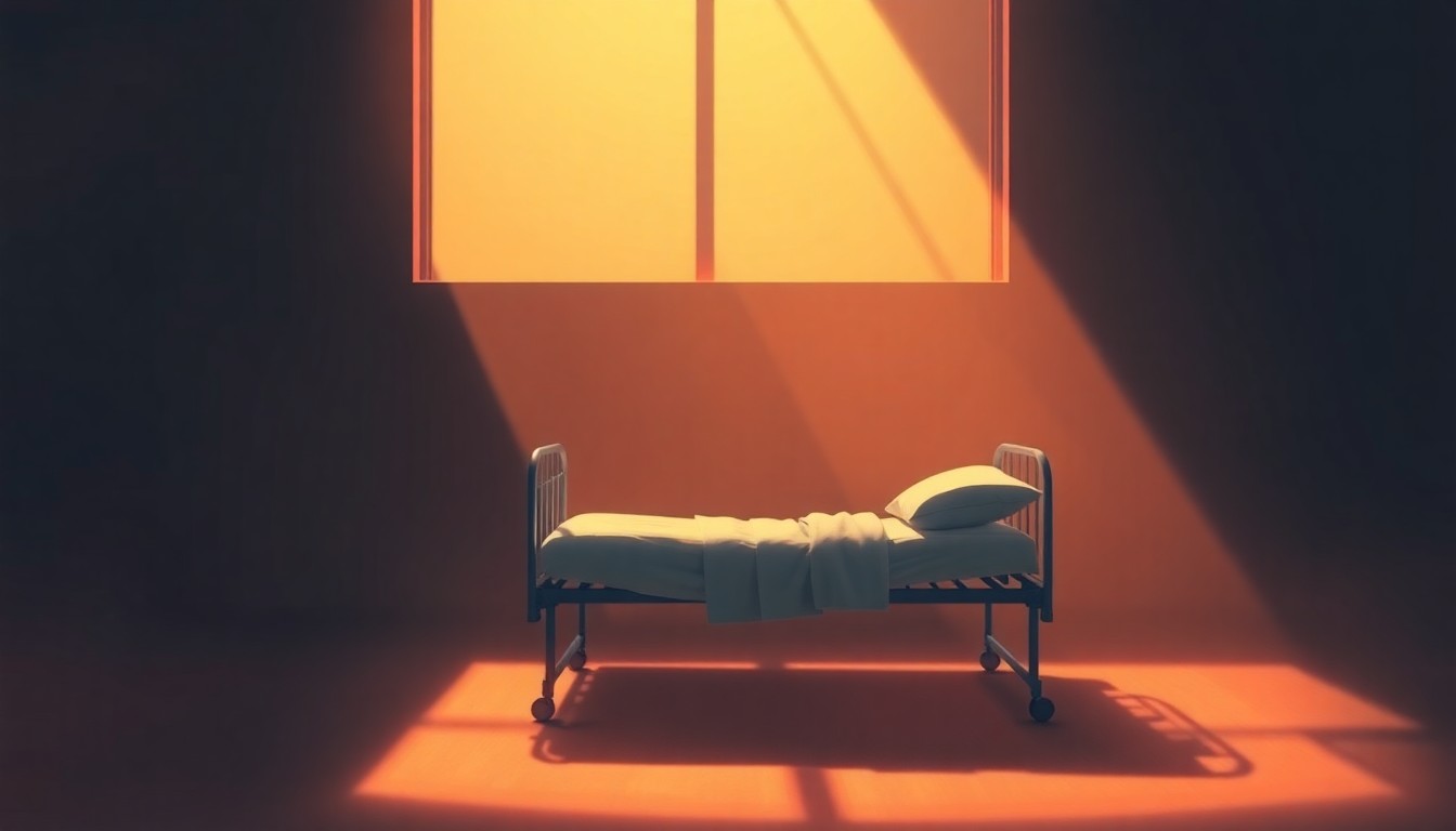 A serene, photorealistic painting of an empty hospital bed in a warm, sunlit room, conveying a sense of quiet melancholy and loss.