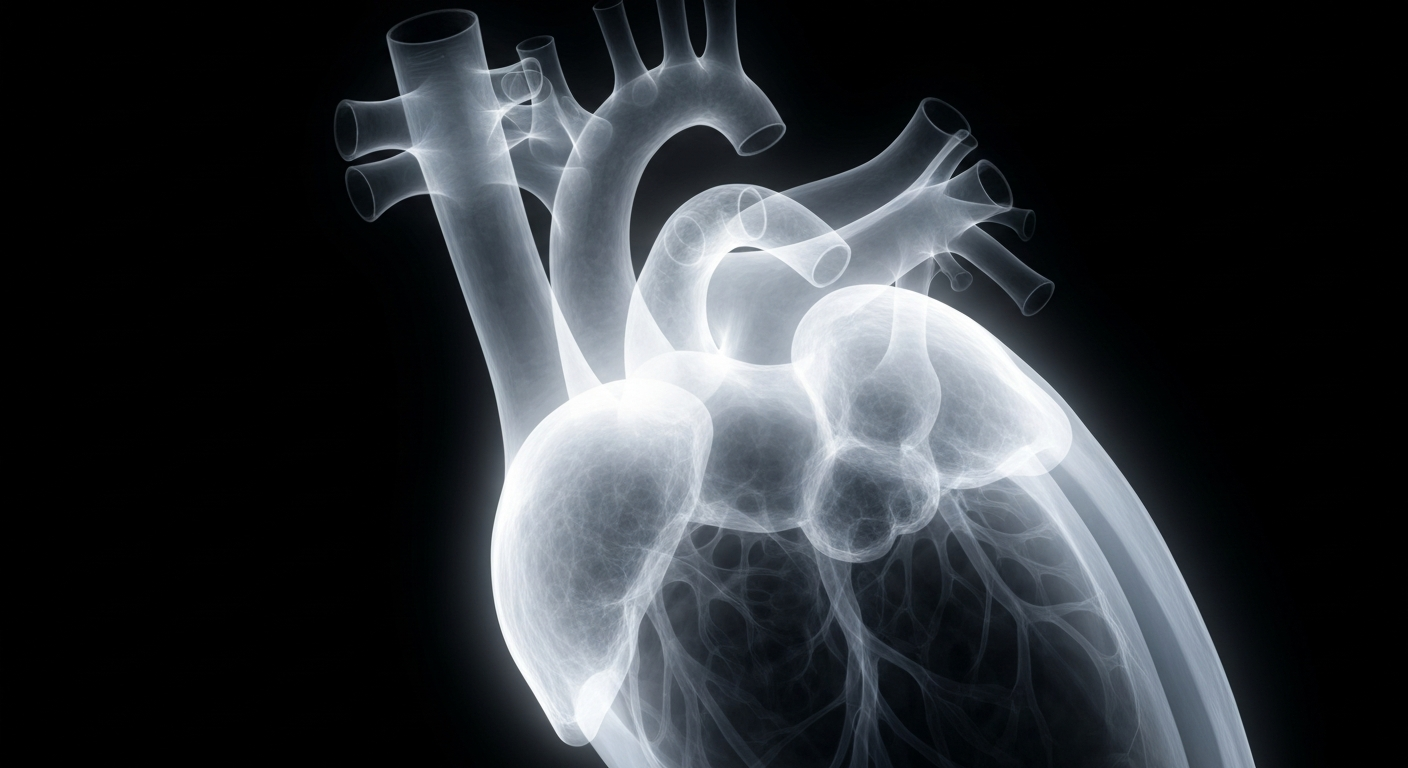 A ghostly, translucent X-ray image revealing the intricate internal structures of a child's heart, conveying the fragility and resilience of the human body.