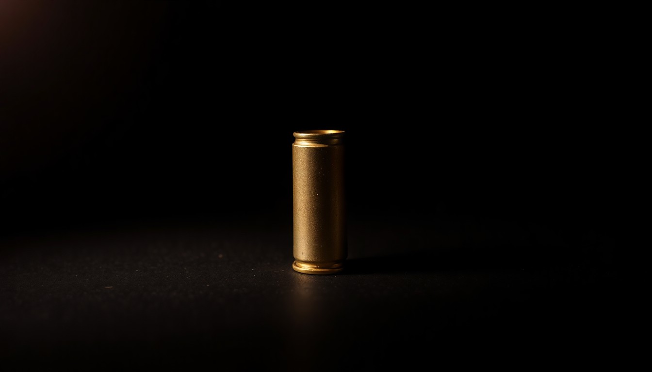 An extreme close-up photograph of a single .45-caliber shell casing against a pitch-black background, lit by a harsh, direct camera flash, conceptually representing the investigation into a drive-by shooting incident.