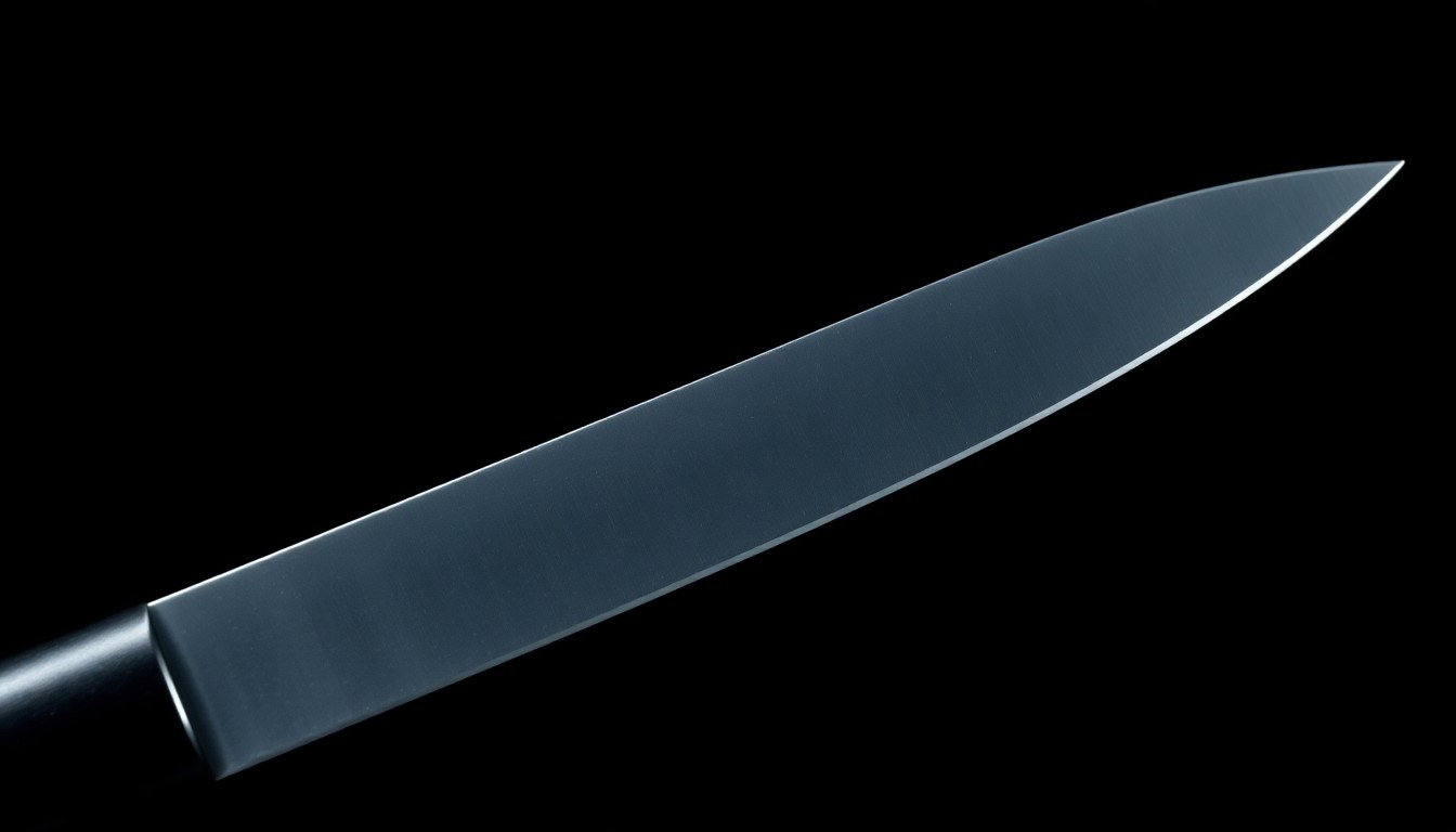 An extreme close-up of a knife blade reflecting a harsh, direct camera flash, conceptually representing the violence of the crime.